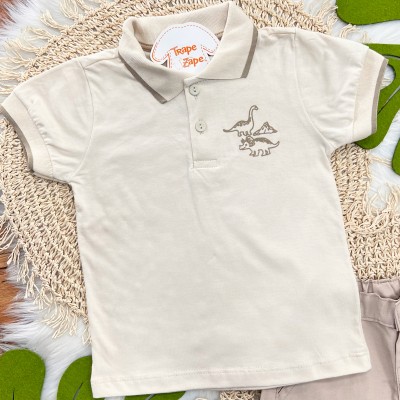 Conj Camiseta Polo dinossauros e Short sarja Areia